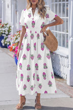Midi Dress Cotton White Floral V-Neck Casual Smocked Waist Ruffle Short Sleeve