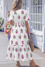 Midi Dress Cotton White Floral V-Neck Casual Smocked Waist Ruffle Short Sleeve
