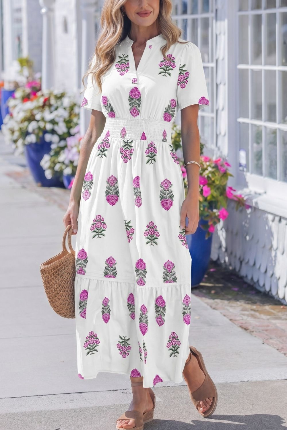 Midi Dress Cotton White Floral V-Neck Casual Smocked Waist Ruffle Short Sleeve