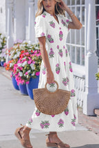 Midi Dress Cotton White Floral V-Neck Casual Smocked Waist Ruffle Short Sleeve