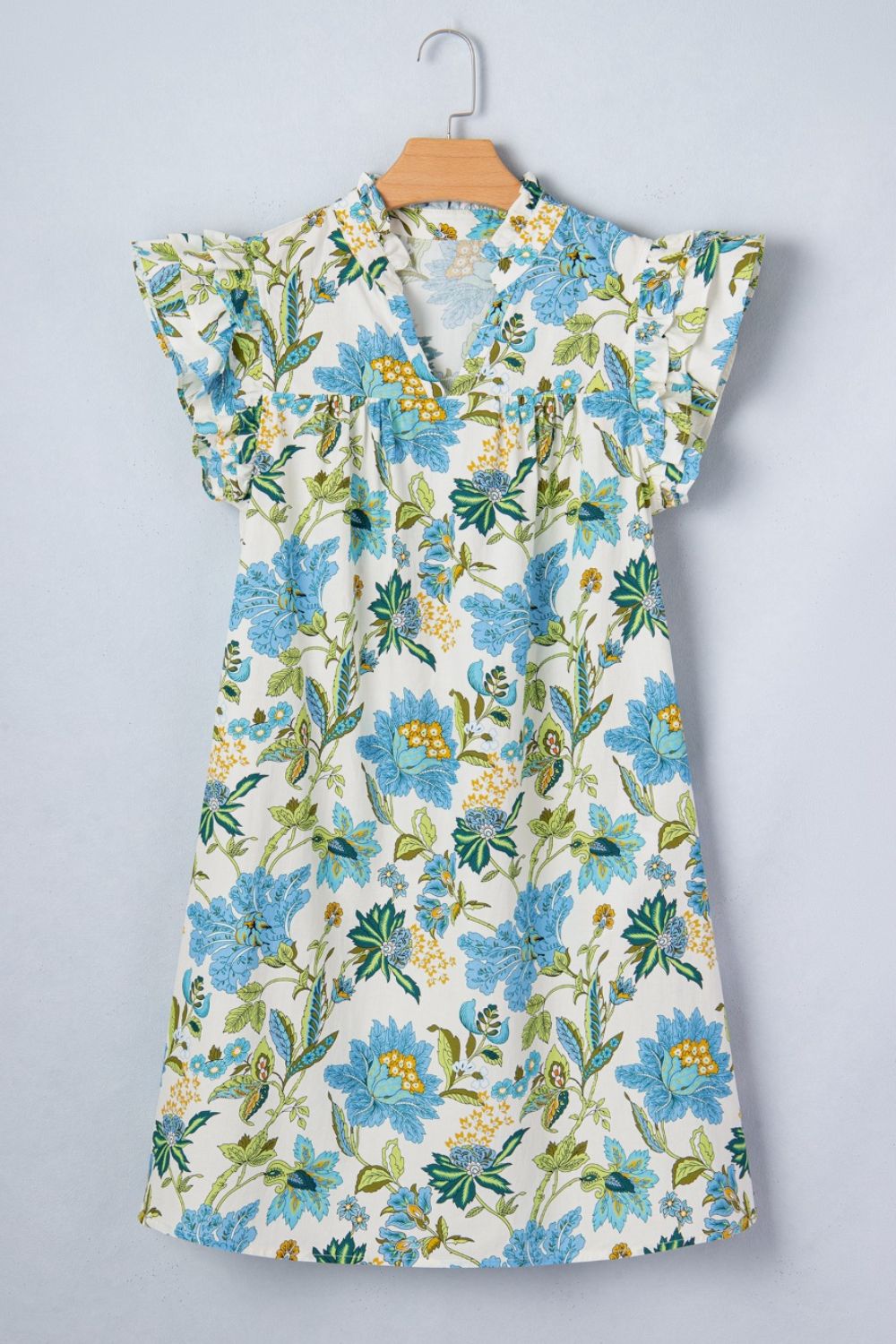 Shift Mini Dress Floral Blue Print V Neck Ruffle Flutter Short Sleeve Casual Pocketed