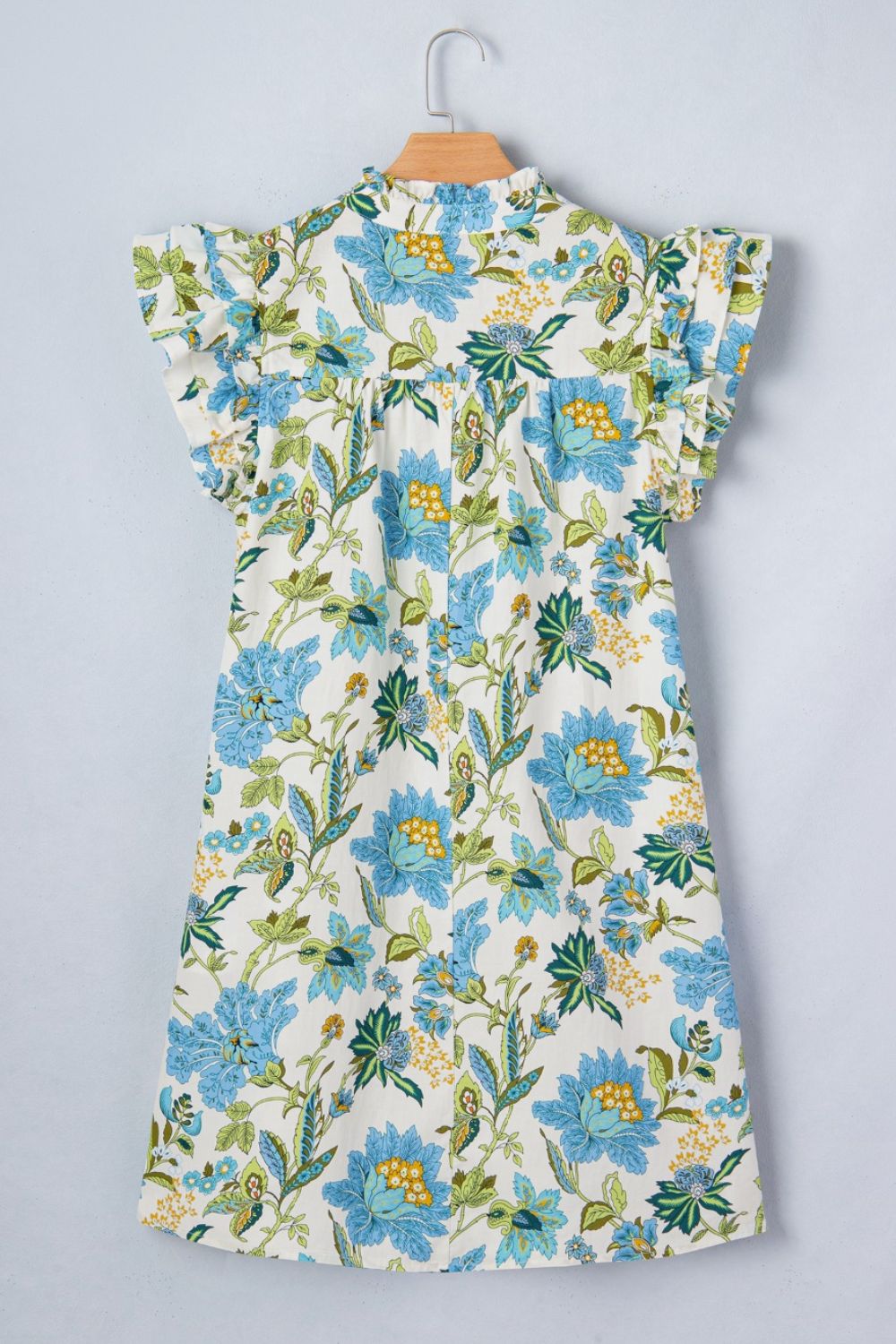 Shift Mini Dress Floral Blue Print V Neck Ruffle Flutter Short Sleeve Casual Pocketed