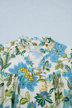 Mini-Kleid Blütenmuster Blau V-Ausschnitt Rüschen Flügelärmel Lässig Mit Taschen