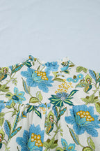 Mini-Kleid Blütenmuster Blau V-Ausschnitt Rüschen Flügelärmel Lässig Mit Taschen