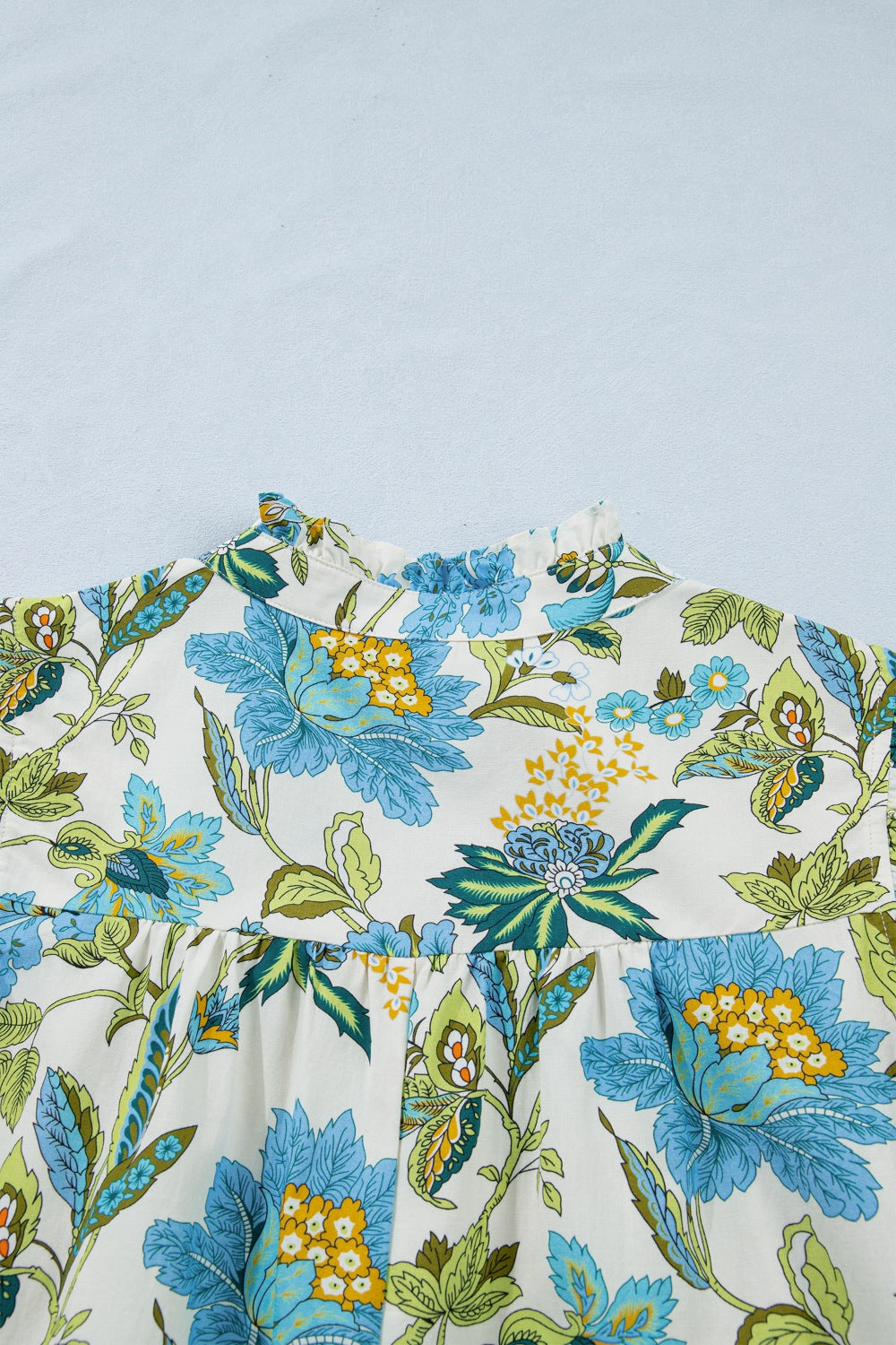Shift Mini Dress Floral Blue Print V Neck Ruffle Flutter Short Sleeve Casual Pocketed
