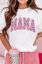 Women's White T-shirt Floral Mama Print Casual Short Sleeve Top Plus Sizes
