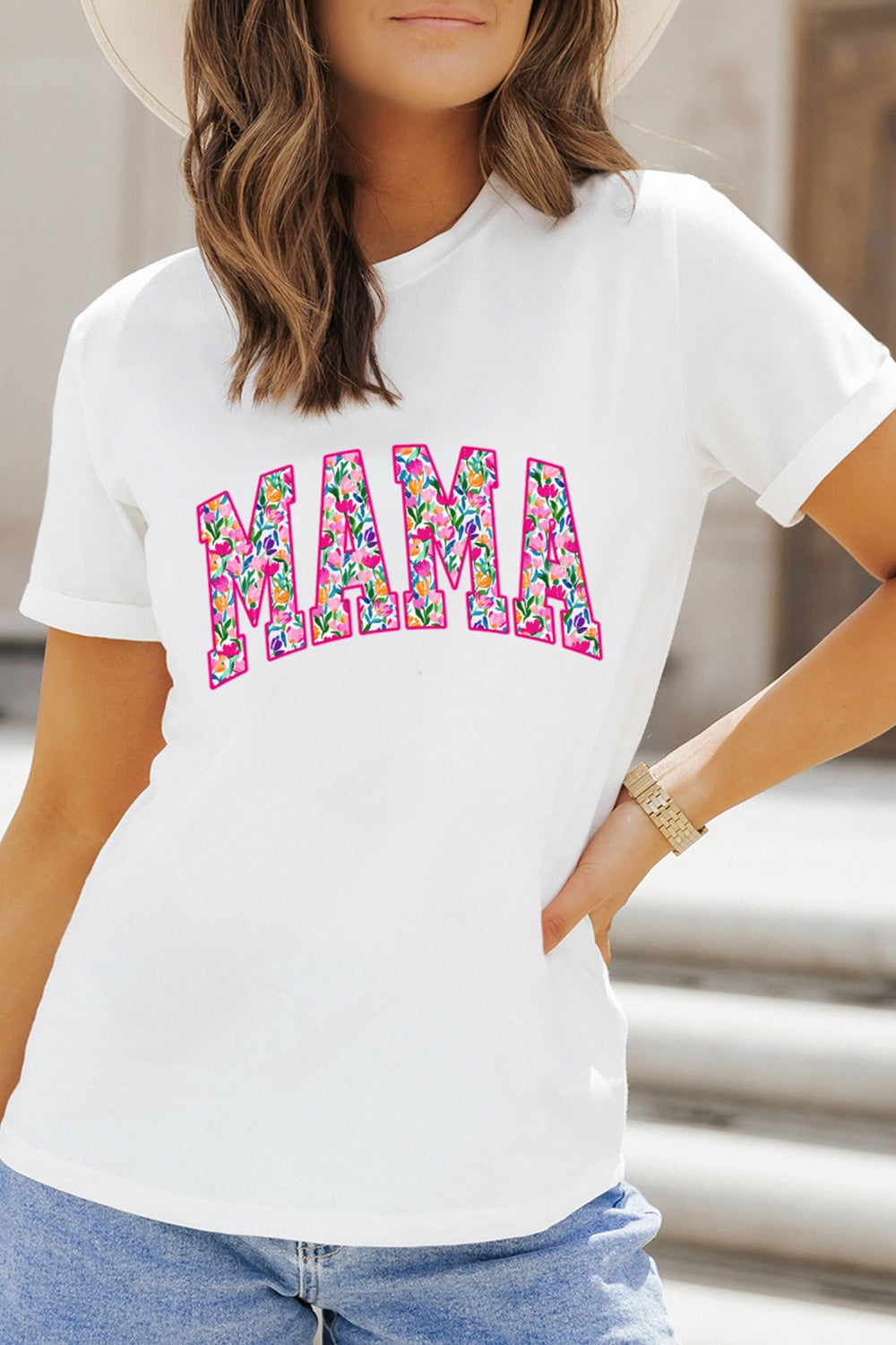 Women's White T-shirt Floral Mama Print Casual Short Sleeve Top Plus Sizes