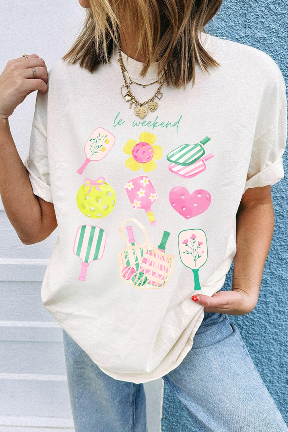 Women's Casual T-shirt White Summer Graphic Round Neck Short Sleeve Blouse
