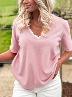 Women's Casual Knit T-shirt Pink V-Neck Lace Trim Loose Short Sleeve Top