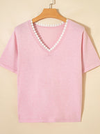 Women's Casual Knit T-shirt Pink V-Neck Lace Trim Loose Short Sleeve Top