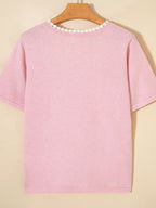 Women's Casual Knit T-shirt Pink V-Neck Lace Trim Loose Short Sleeve Top