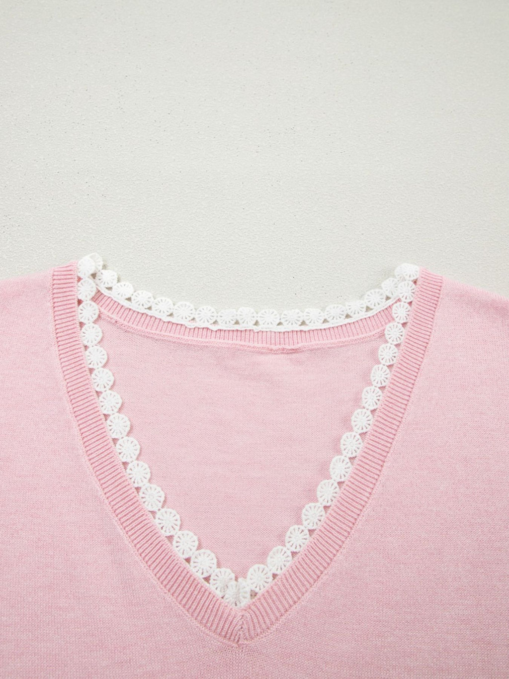 Women's Casual Knit T-shirt Pink V-Neck Lace Trim Loose Short Sleeve Top