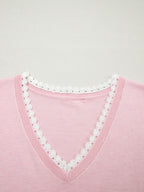 Women's Casual Knit T-shirt Pink V-Neck Lace Trim Loose Short Sleeve Top