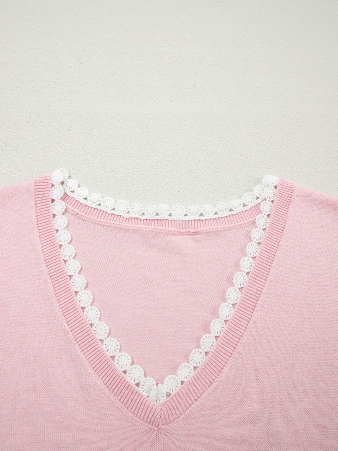 Women's Casual Knit T-shirt Pink V-Neck Lace Trim Loose Short Sleeve Top