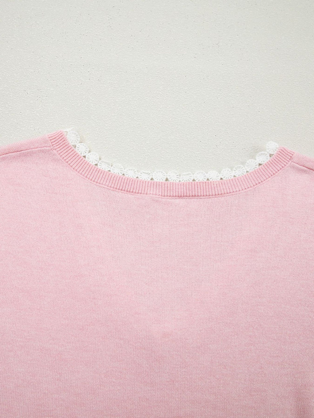 Women's Casual Knit T-shirt Pink V-Neck Lace Trim Loose Short Sleeve Top