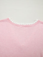 Women's Casual Knit T-shirt Pink V-Neck Lace Trim Loose Short Sleeve Top