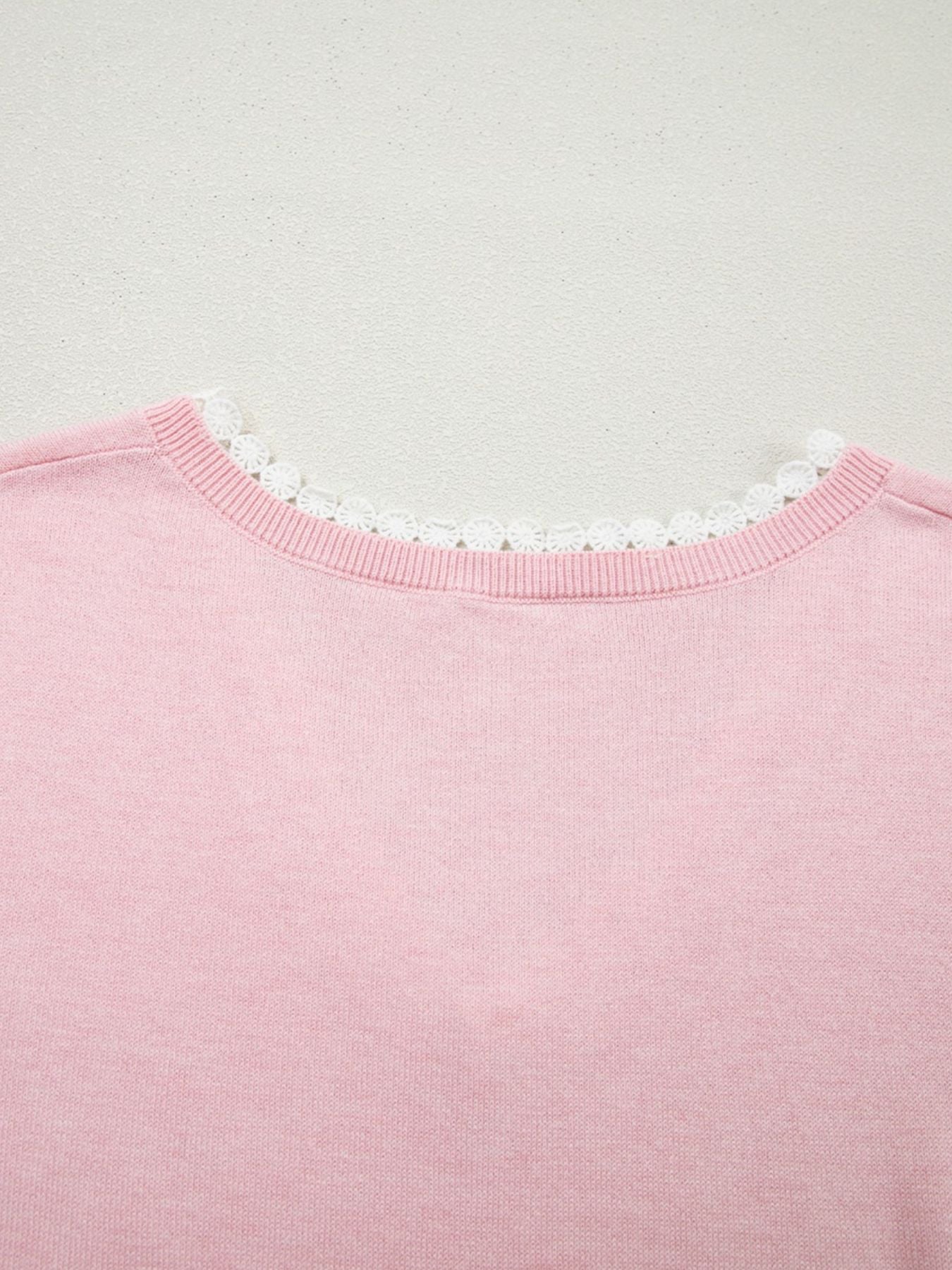 Women's Casual Knit T-shirt Pink V-Neck Lace Trim Loose Short Sleeve Top