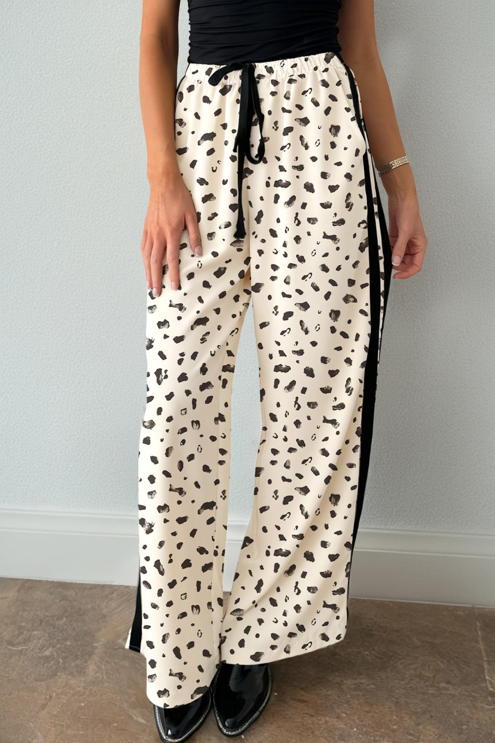 Casual Loose Pants Leopard Cream Side Stripe Drawstring with Pockets