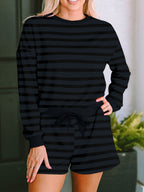 Women's Casual Outfit Set Striped Dark Gray Long Sleeve Top and Drwastring Shorts