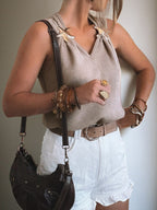 V-Neck Knit Top Sleeveless Starfish Metal Mocha Women's Lightwight Blouse