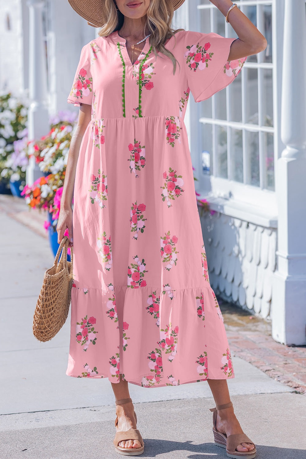 Midi Dress Floral V-Neck Notched Cotton Dusty Pink Lace Trim Ruffle Short Sleeve