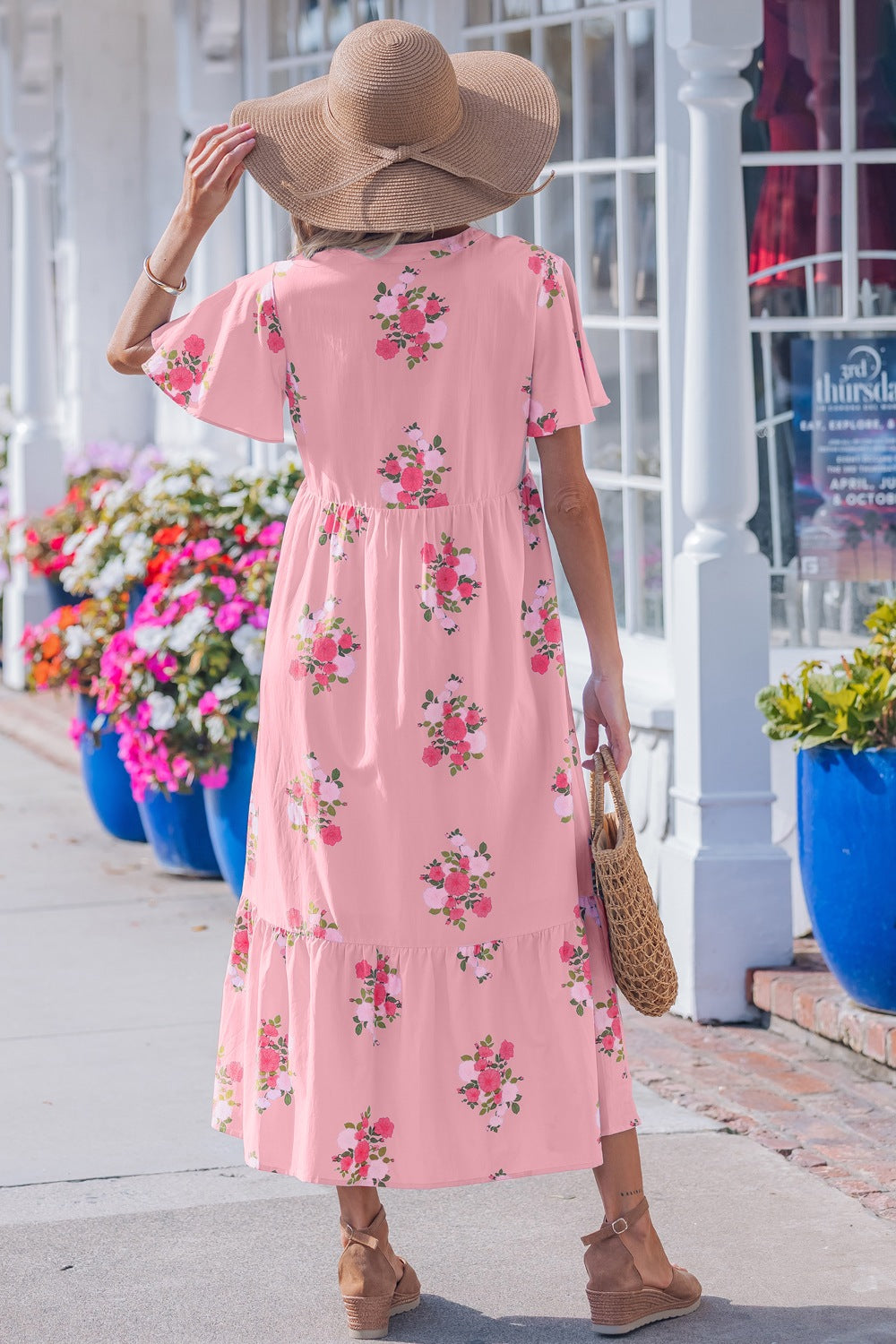 Midi Dress Floral V-Neck Notched Cotton Dusty Pink Lace Trim Ruffle Short Sleeve