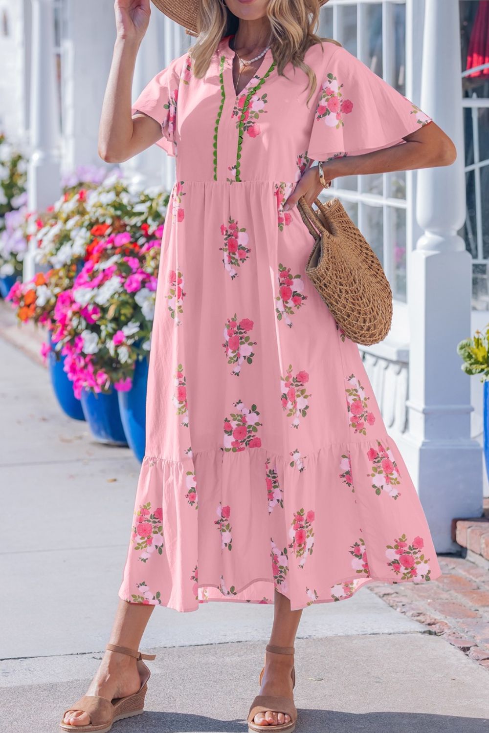Midi Dress Floral V-Neck Notched Cotton Dusty Pink Lace Trim Ruffle Short Sleeve