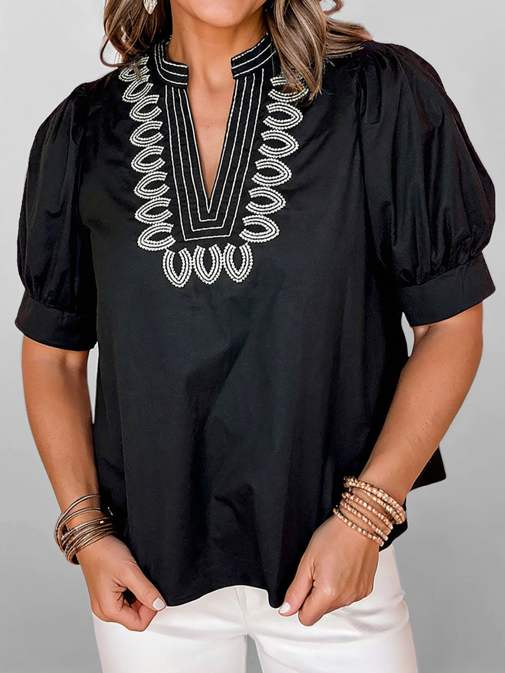 Casual Blouse Black V-Neck Notched Floral Embroidered Puff Short Sleeve Top
