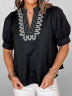 Casual Blouse Black V-Neck Notched Floral Embroidered Puff Short Sleeve Top