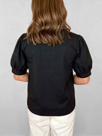 Casual Blouse Black V-Neck Notched Floral Embroidered Puff Short Sleeve Top