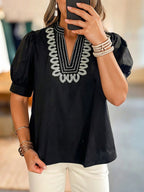 Casual Blouse Black V-Neck Notched Floral Embroidered Puff Short Sleeve Top