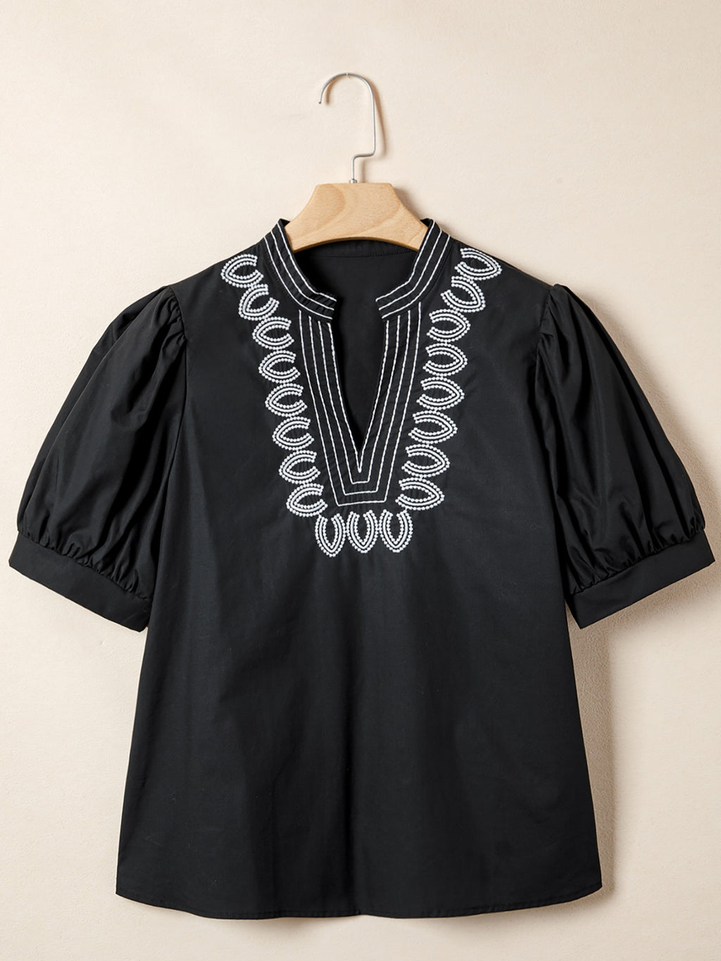 Casual Blouse Black V-Neck Notched Floral Embroidered Puff Short Sleeve Top