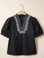 Casual Blouse Black V-Neck Notched Floral Embroidered Puff Short Sleeve Top