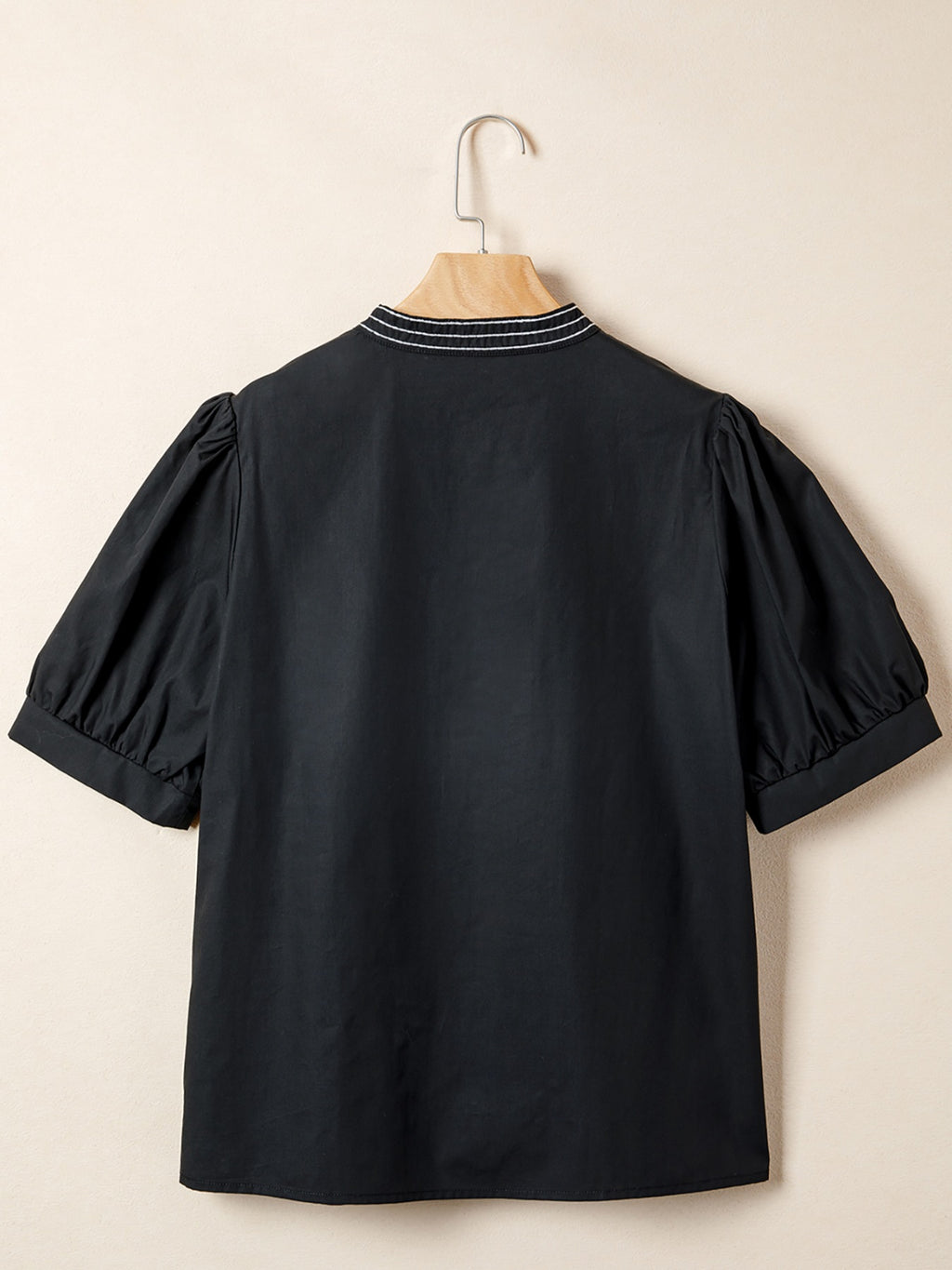 Casual Blouse Black V-Neck Notched Floral Embroidered Puff Short Sleeve Top