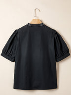 Casual Blouse Black V-Neck Notched Floral Embroidered Puff Short Sleeve Top