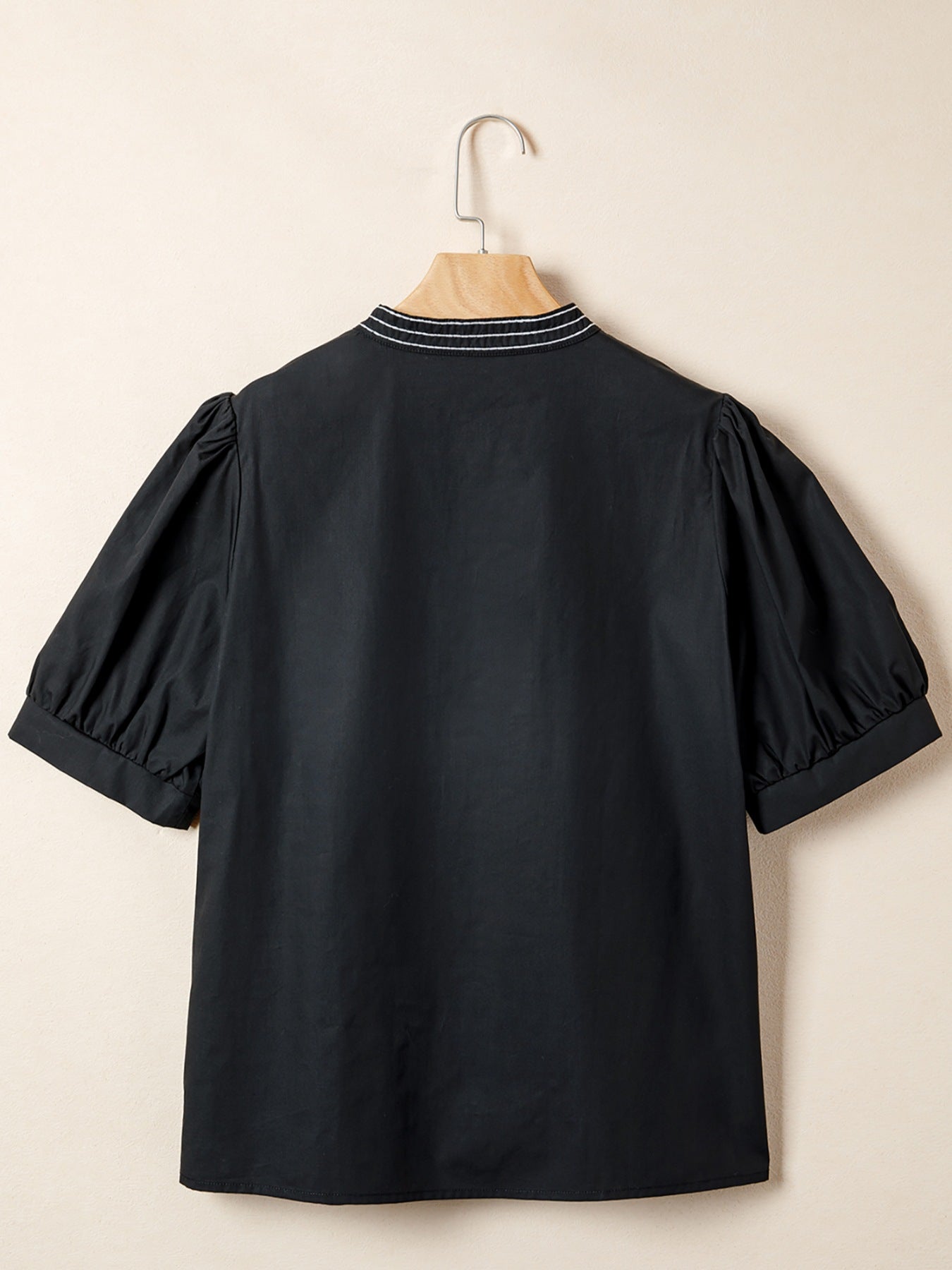 Casual Blouse Black V-Neck Notched Floral Embroidered Puff Short Sleeve Top