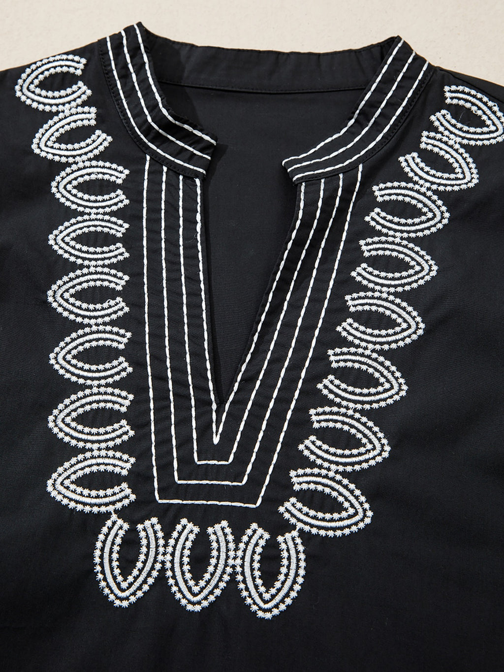 Casual Blouse Black V-Neck Notched Floral Embroidered Puff Short Sleeve Top