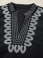 Casual Blouse Black V-Neck Notched Floral Embroidered Puff Short Sleeve Top