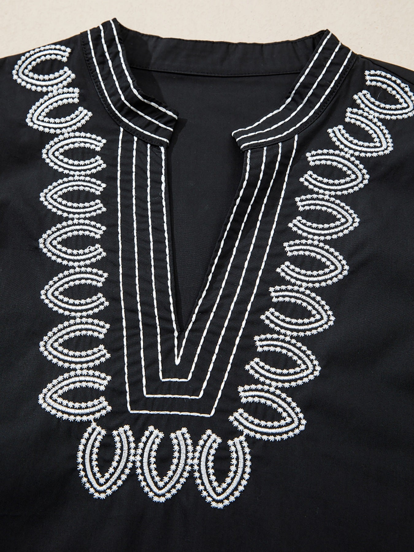 Casual Blouse Black V-Neck Notched Floral Embroidered Puff Short Sleeve Top