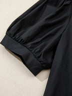 Casual Blouse Black V-Neck Notched Floral Embroidered Puff Short Sleeve Top