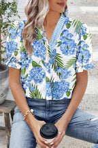 Casual Blouse Floral Blue V-Neck Stripe Trim Ruffle Short Puff Sleeve Top