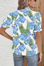 Casual Blouse Floral Blue V-Neck Stripe Trim Ruffle Short Puff Sleeve Top