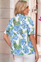 Casual Blouse Floral Blue V-Neck Stripe Trim Ruffle Short Puff Sleeve Top