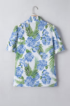 Casual Blouse Floral Blue V-Neck Stripe Trim Ruffle Short Puff Sleeve Top