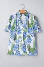 Casual Blouse Floral Blue V-Neck Stripe Trim Ruffle Short Puff Sleeve Top