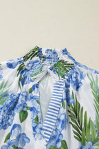 Casual Blouse Floral Blue V-Neck Stripe Trim Ruffle Short Puff Sleeve Top
