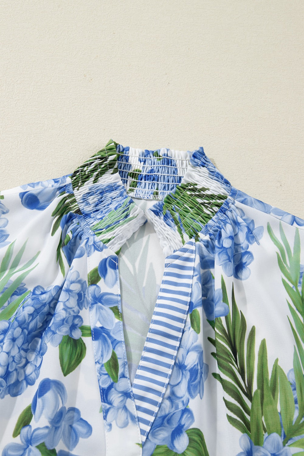 Casual Blouse Floral Blue V-Neck Stripe Trim Ruffle Short Puff Sleeve Top