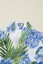 Casual Blouse Floral Blue V-Neck Stripe Trim Ruffle Short Puff Sleeve Top