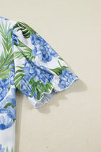 Casual Blouse Floral Blue V-Neck Stripe Trim Ruffle Short Puff Sleeve Top