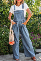 Casual Denim Jumpsuit Pleated Wide Leg Retro Pocketed Long Overall Romper